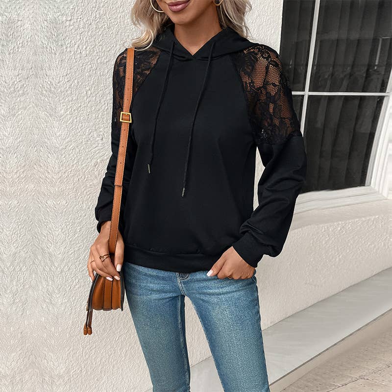 FASHIONABLE HOODED LACE PATCHWORK BLACK TOP