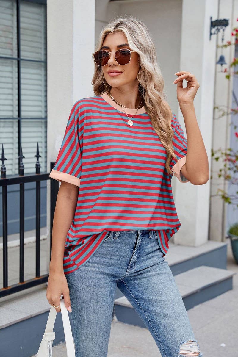 CWTTS1299_LOOSE STRIPED COLORBLOCK CREW NECK T-SHIRT TOP