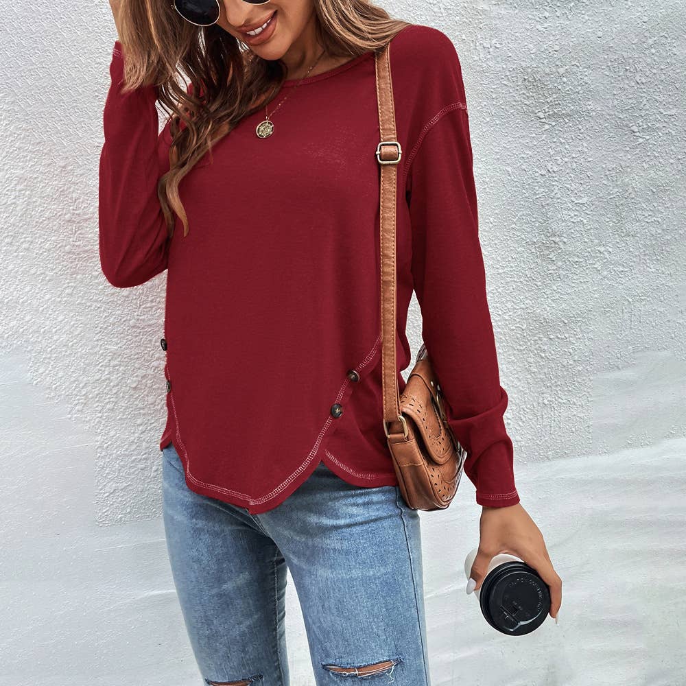 Decorative buttons irregular hem T-shirt