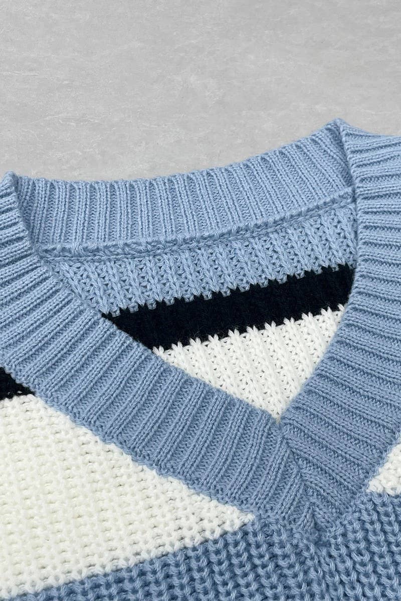 CWOSWL07631_CASUAL STRIPED V NECK LOOSE KNIT SWEATER