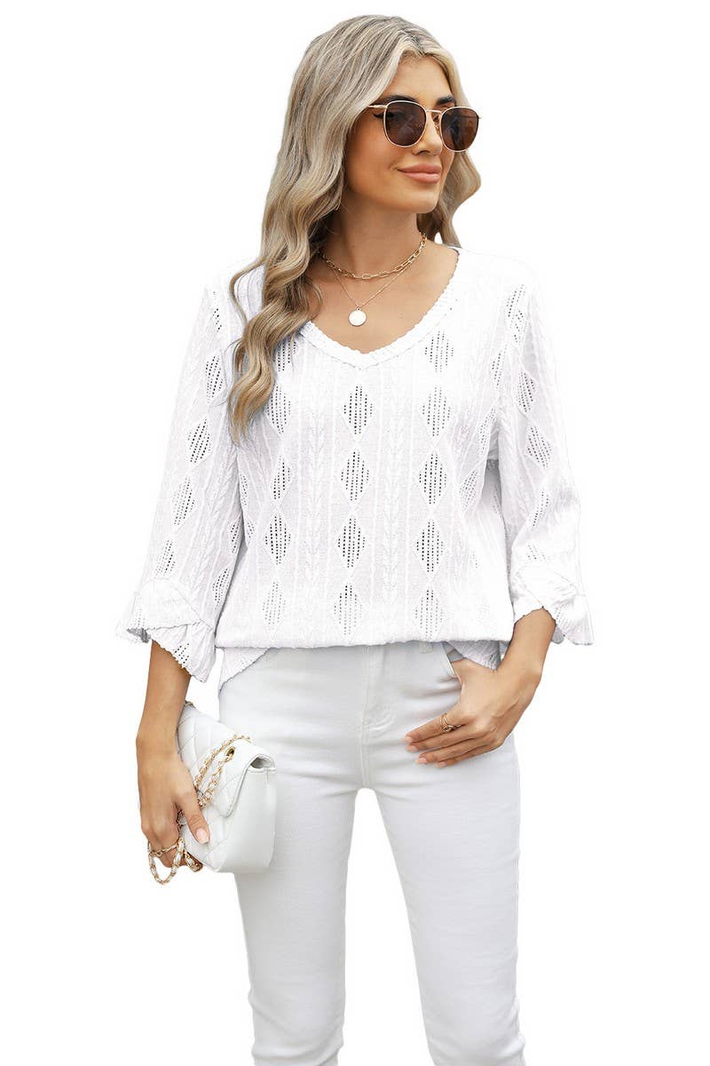 CWTBLL3672_V-NECK DIAMOND CHECK HOLLOW TRUMPET SLEEVE TOP