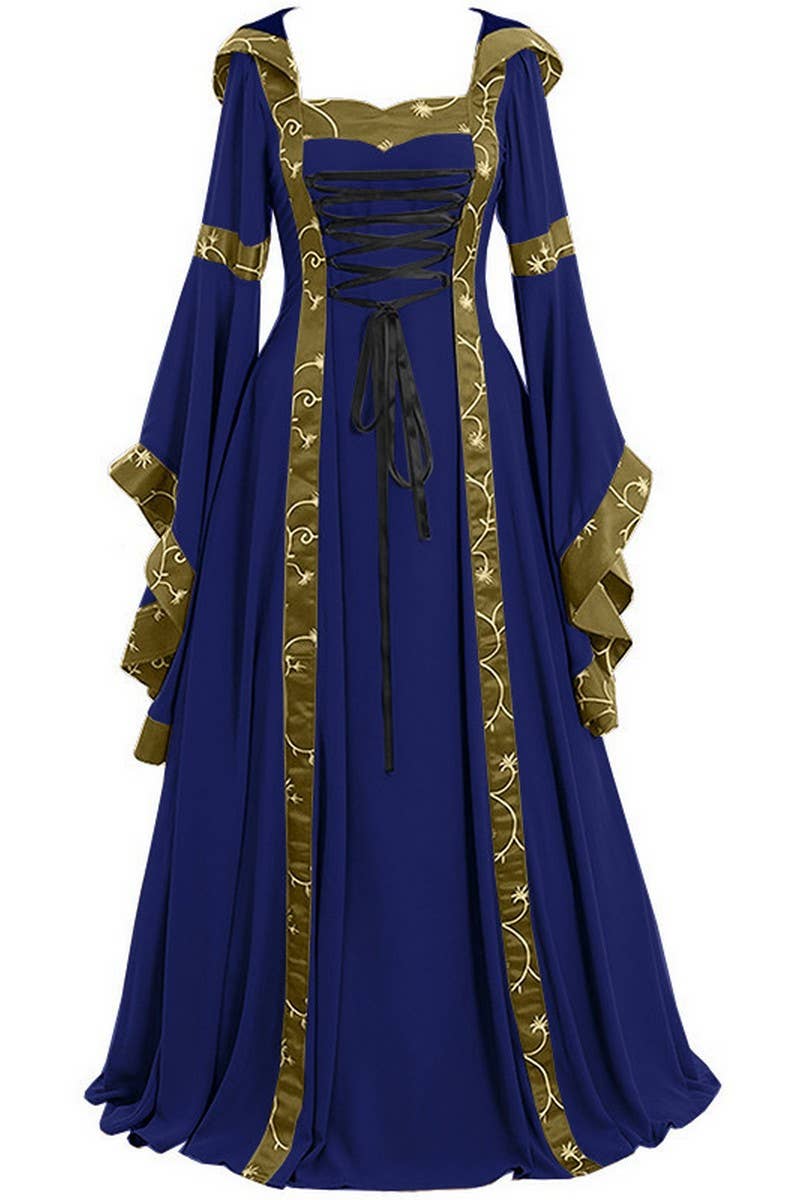 CWDMD01237_VINTAGE HOODED SQUARE NECK RUFFLE FLARE DRESS