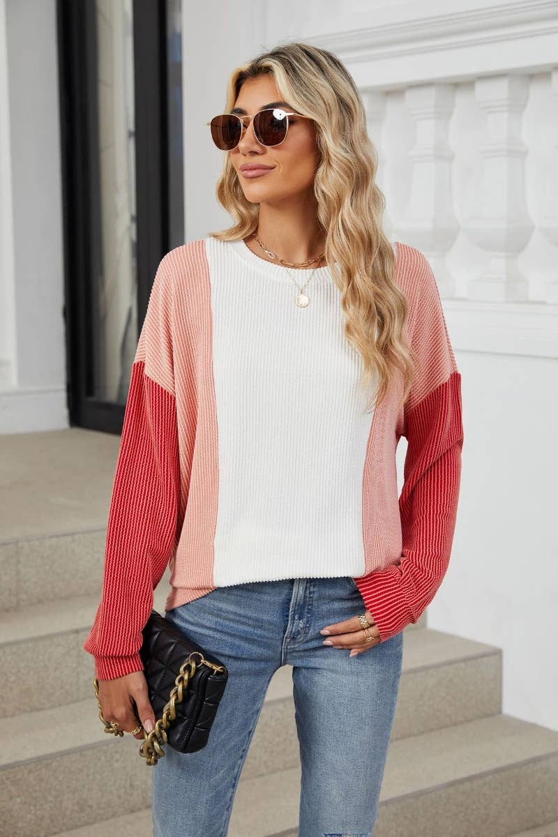 CWTBLL2872_CREW-NECK PATCHWORK LOOSE LONG-SLEEVED TOP