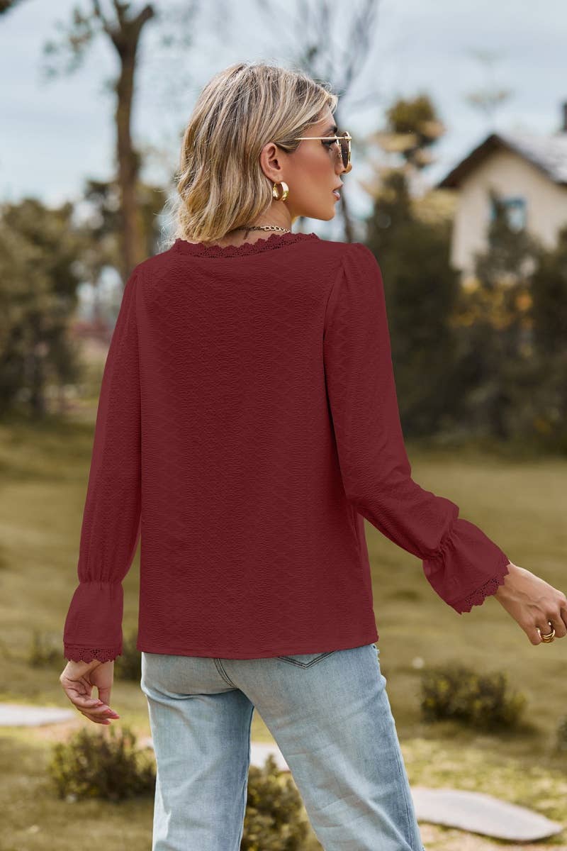 CWTBLL2710_STYLISH V-NECK LACE PATCHWORK LONG-SLEEVED TOP