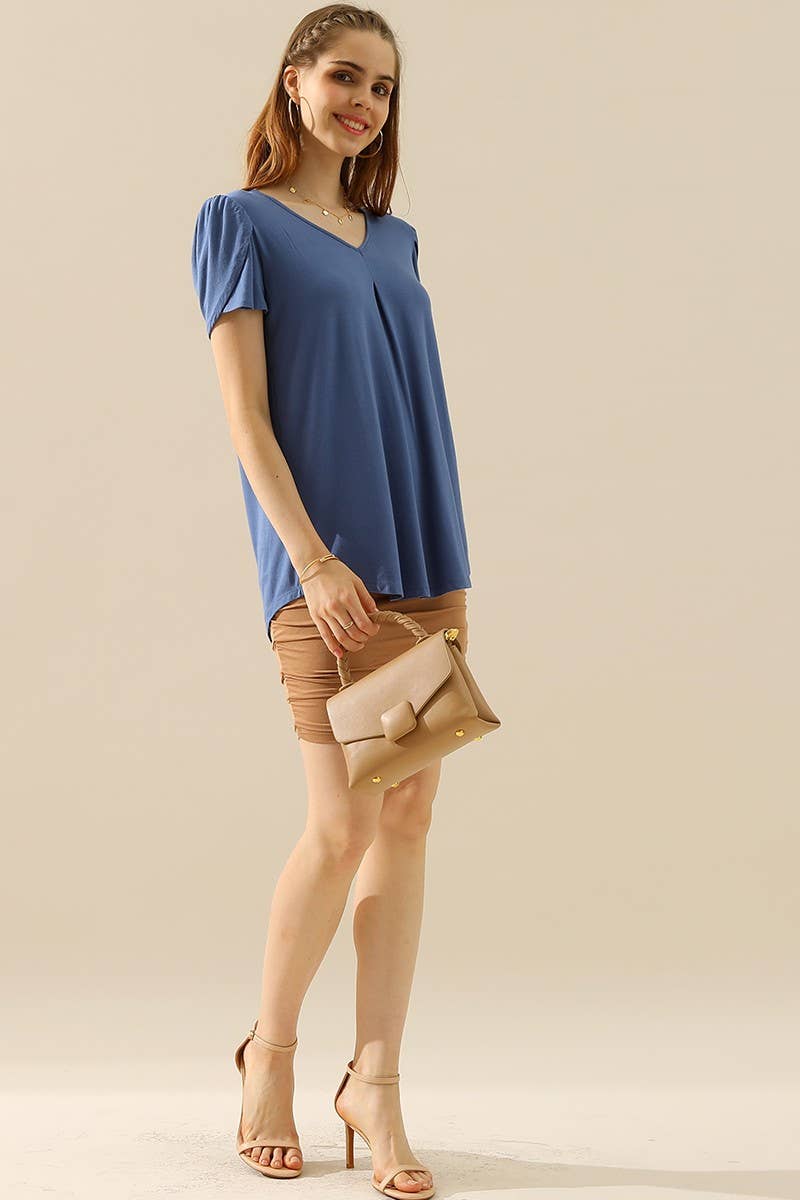 CWTTS561_SOLID V NECK SHORT TULIP SLEEVE TUNIC TOPS