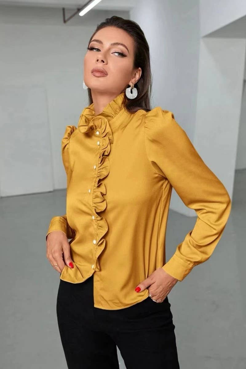 CWTBLS2041_SOLID COLOR RUFFLED LONG SLEEVE BLOUSE