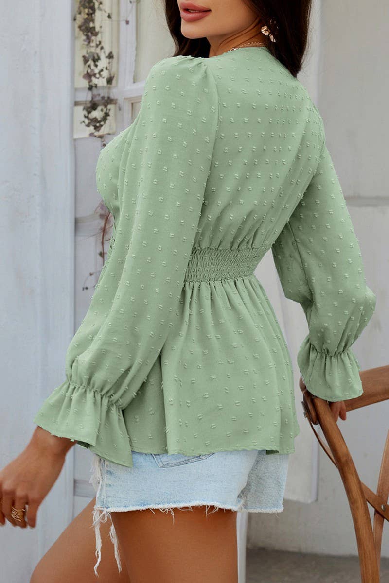 CWTBLL3592_V-NECK SOLID COLOR TIE WAIST TOP SHIRT