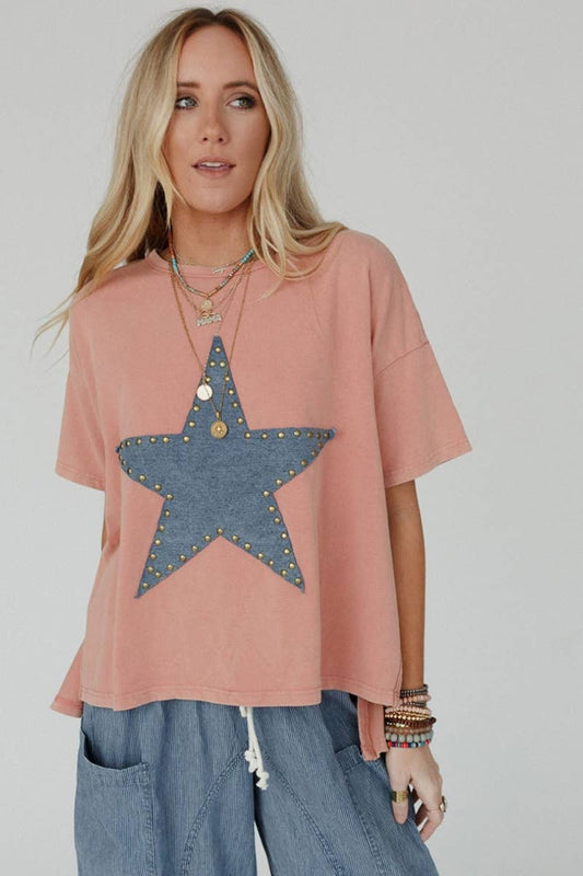 CWTBLS1298_ROUND NECK SHORT SLEEVED TOP WITH STUDDED STARS