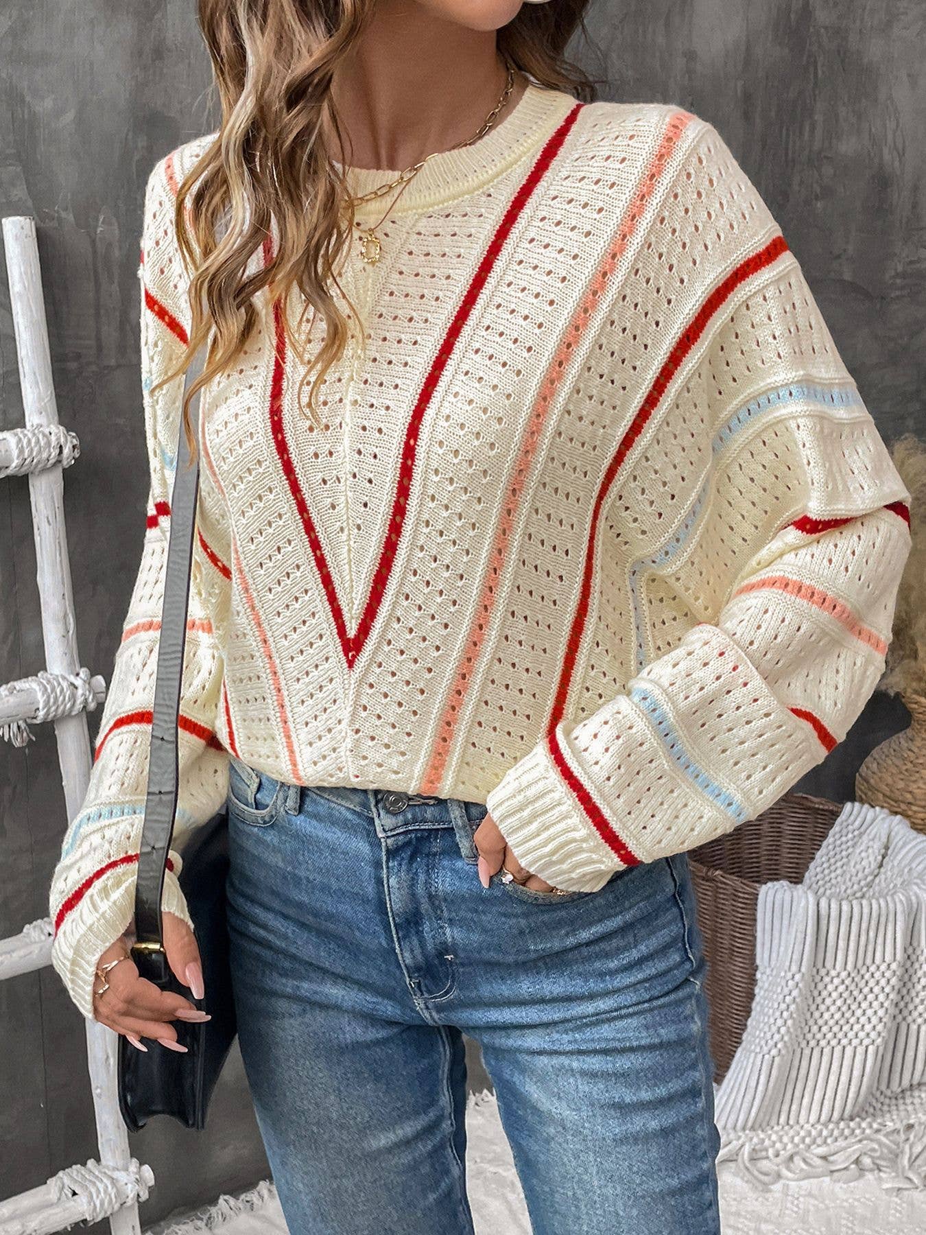 COLORFUL STRIPED CREW NECK PULLOVER SWEATER