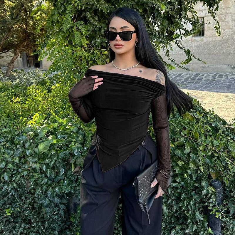 ELEGANT SLIM SLANT SHOULDER MESH SLEEVE TOP