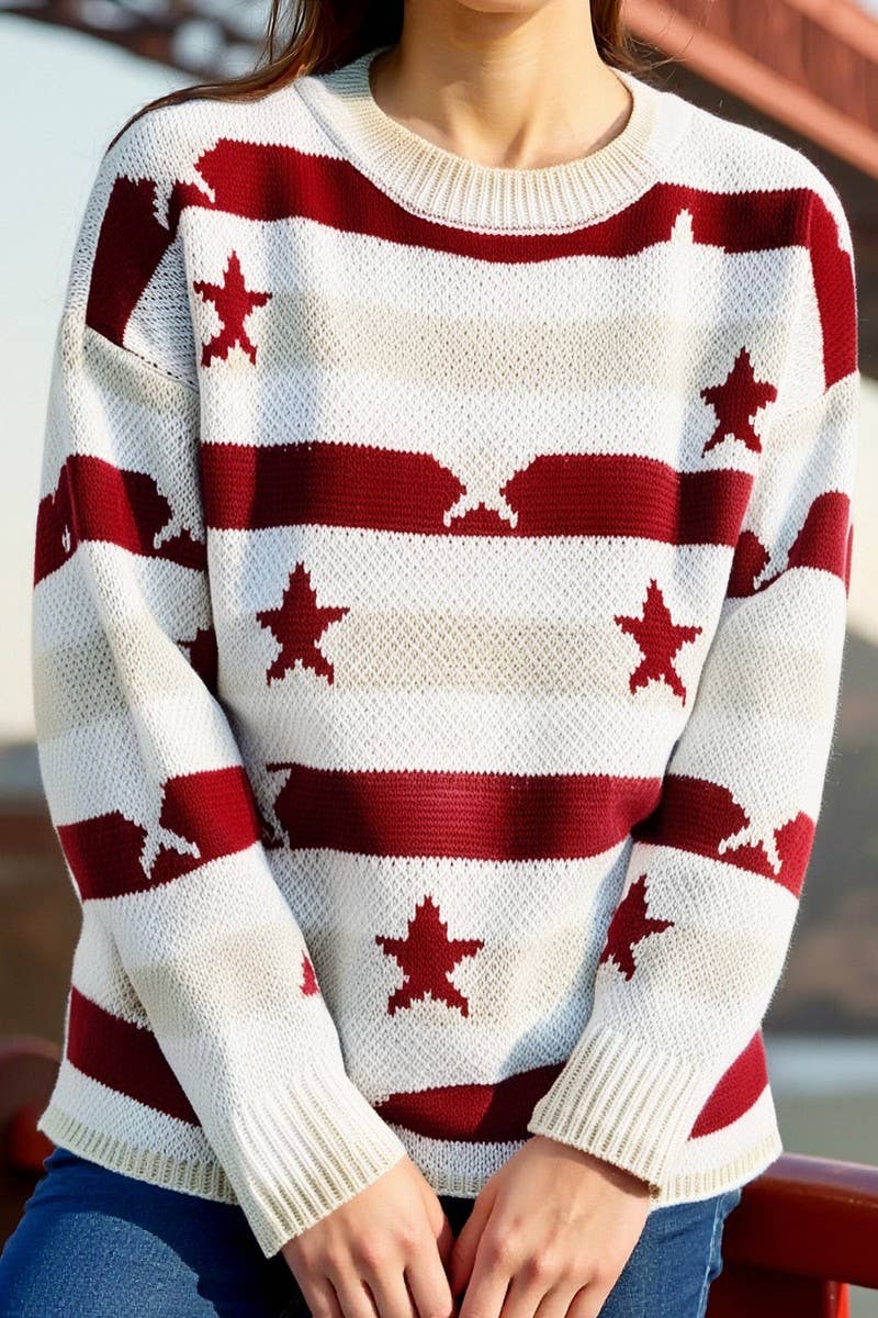 CWOSWL6951_PRINTED FLAG STRIPE OVERSIZED LONG SLEEVE SWEATER
