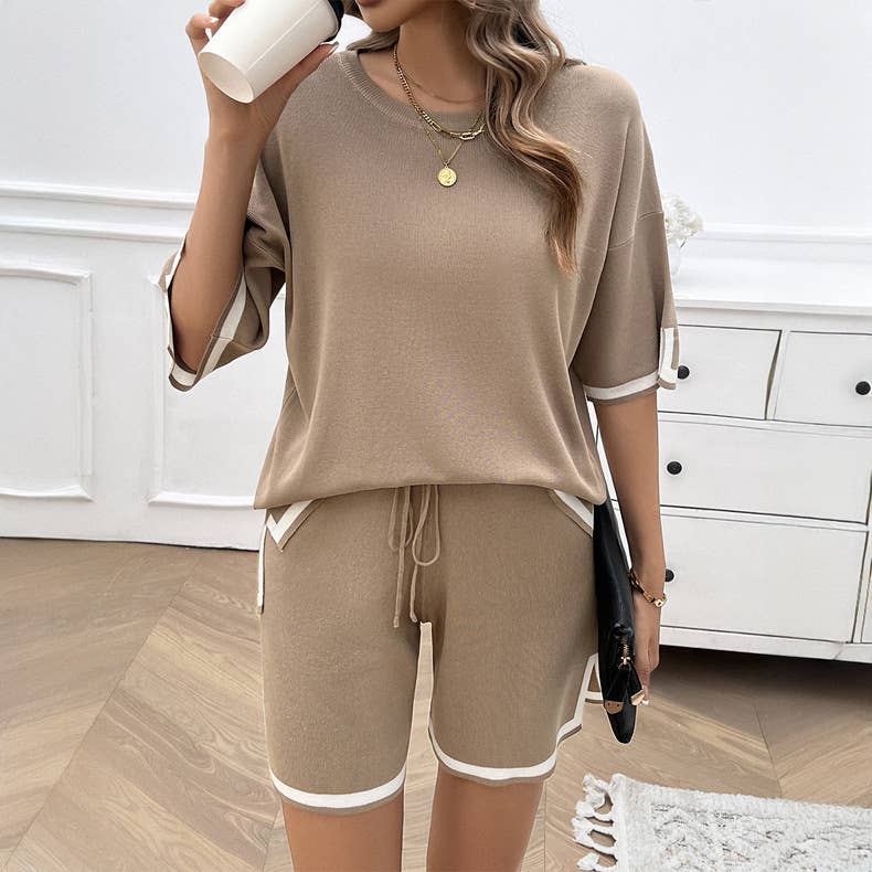 CREW NECK STYLE CASUAL SHORT SWEATER SET