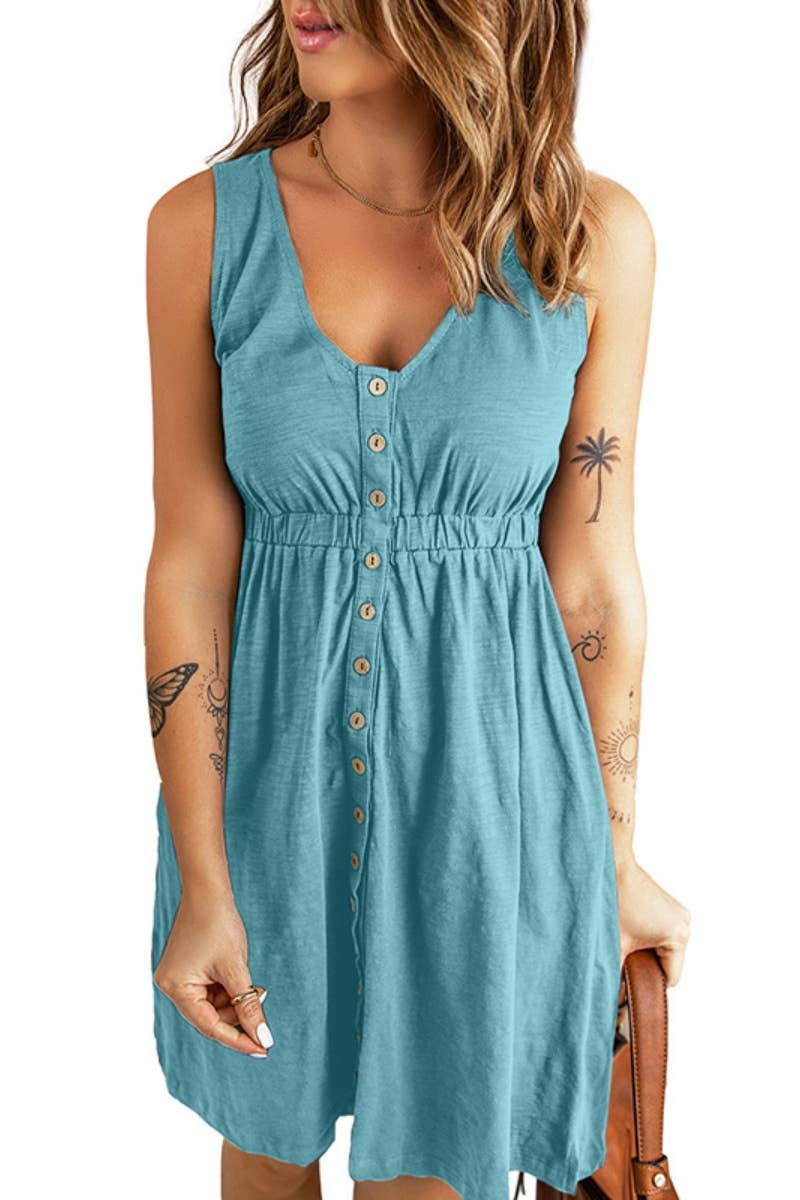 CWDHL0586_SLEEVELESS V-NECK SINGLE BREASTED DRESS SHORT