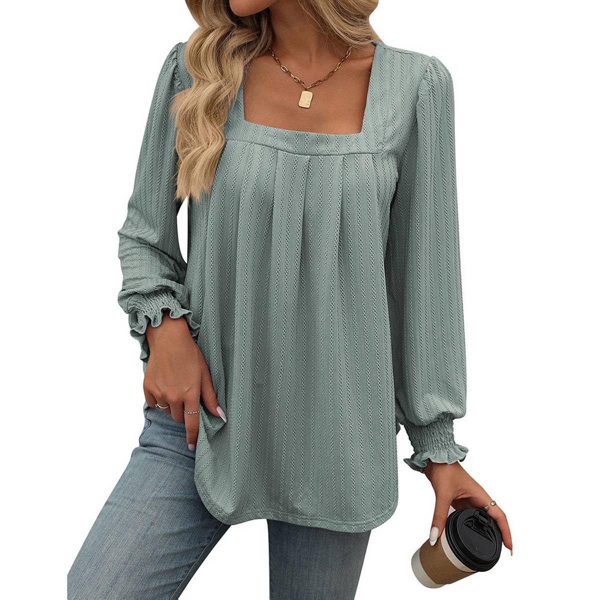 Casual square neck pleated long sleeve T-shirt