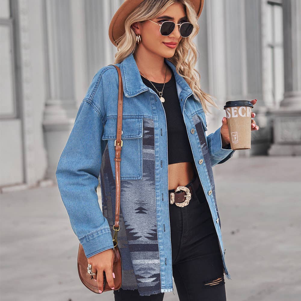 Denim patchwork lapel button-down woolen coat