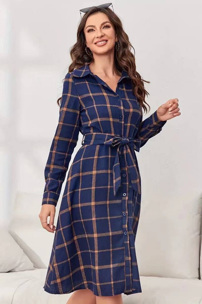 CWTDSL0125_PLAID LONG SLEEVE BELTED MIDI SHIRT DRESS