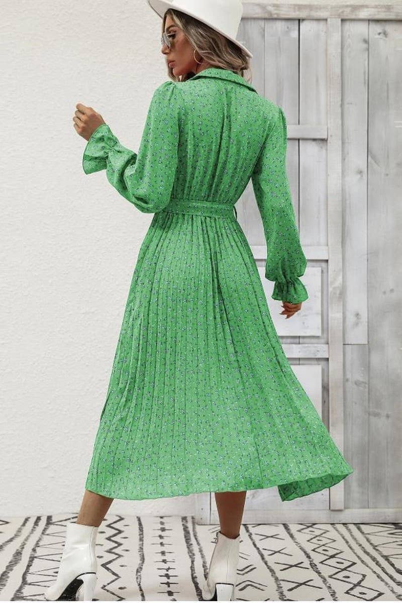CWDMD4102_TIE-STRAP PLEATED LONG-SLEEVED SWING DRESS