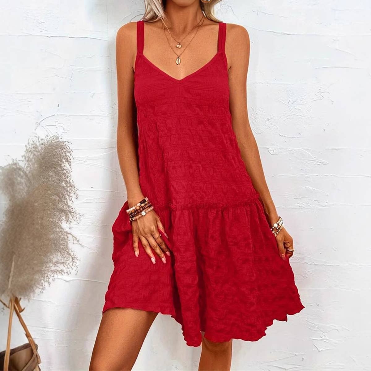 Elegant solid crepe ruffles sleeveless dress