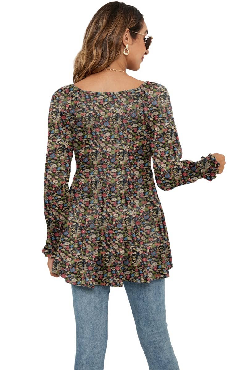 CWTBLL2935_FALL FLOWER BOUQUET WAIST PUFFY SLEEVE TOP