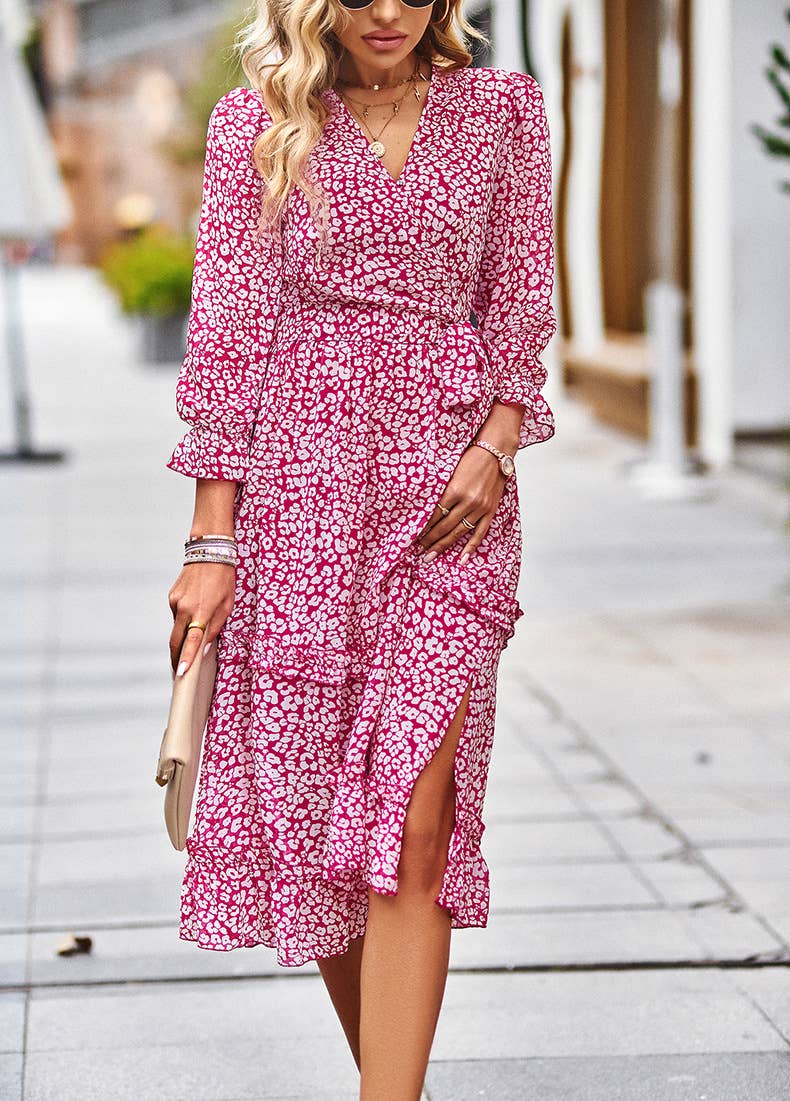 Elegant V-neck seven-point sleeve lace-up dress