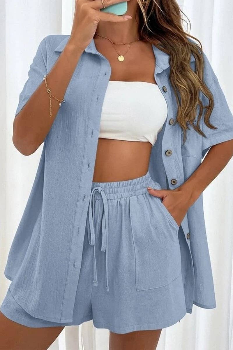 CWSS01309_FASHION SHORTS TWO PIECE SOLID COLOR SHIRT SET