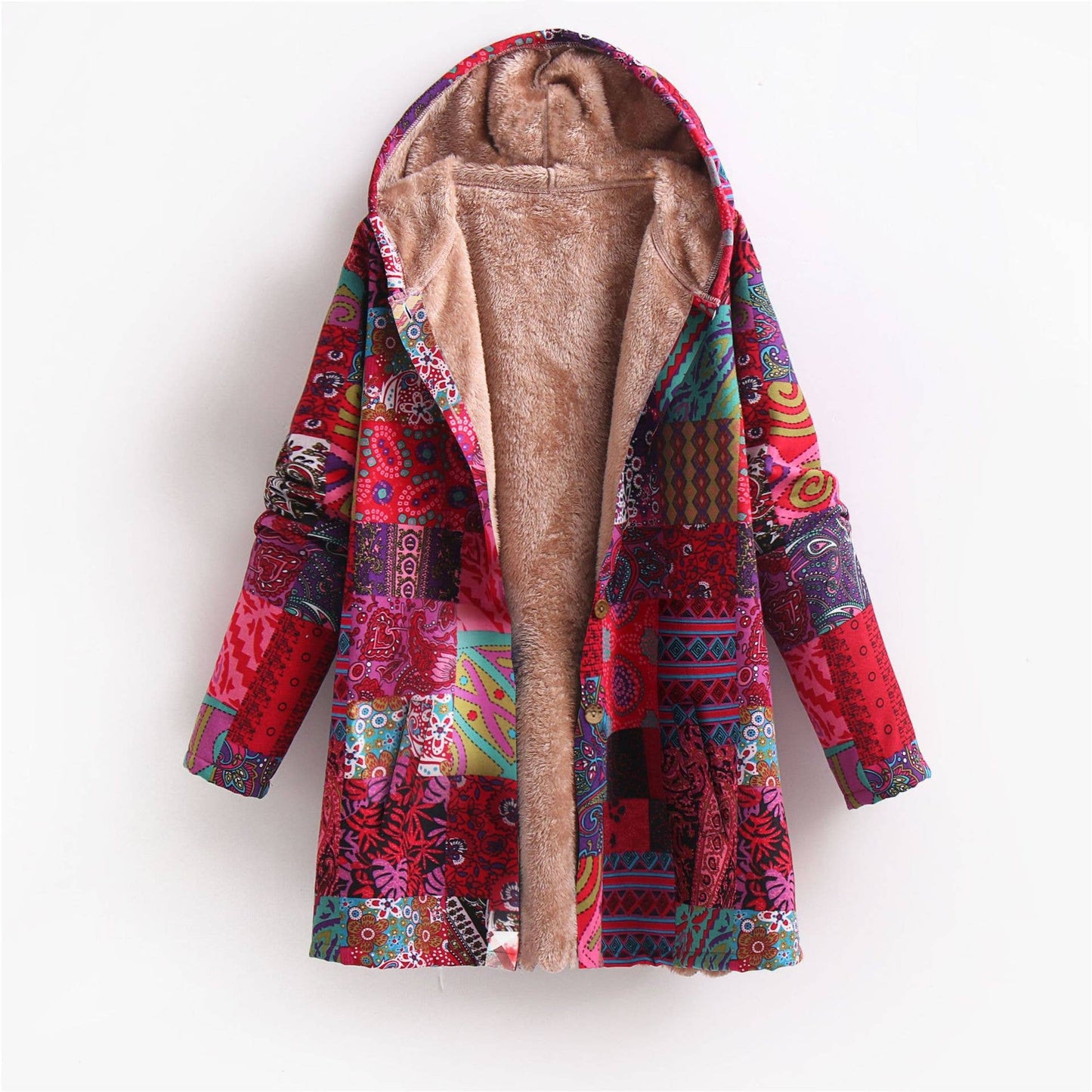 Cotton linen printed hooded warm fleece jacket