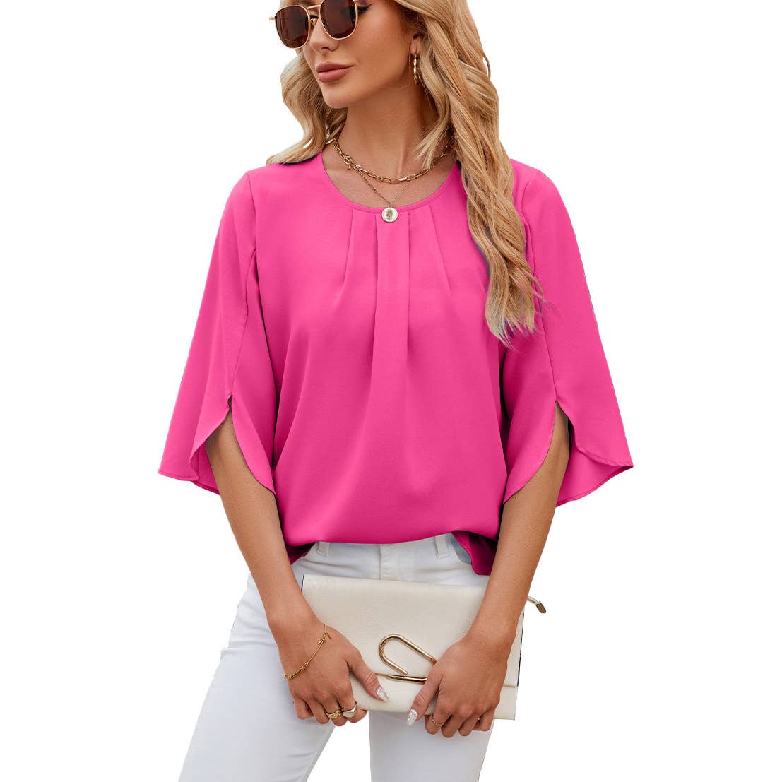 Crew-neck loose chiffon with five-quarter sleeves