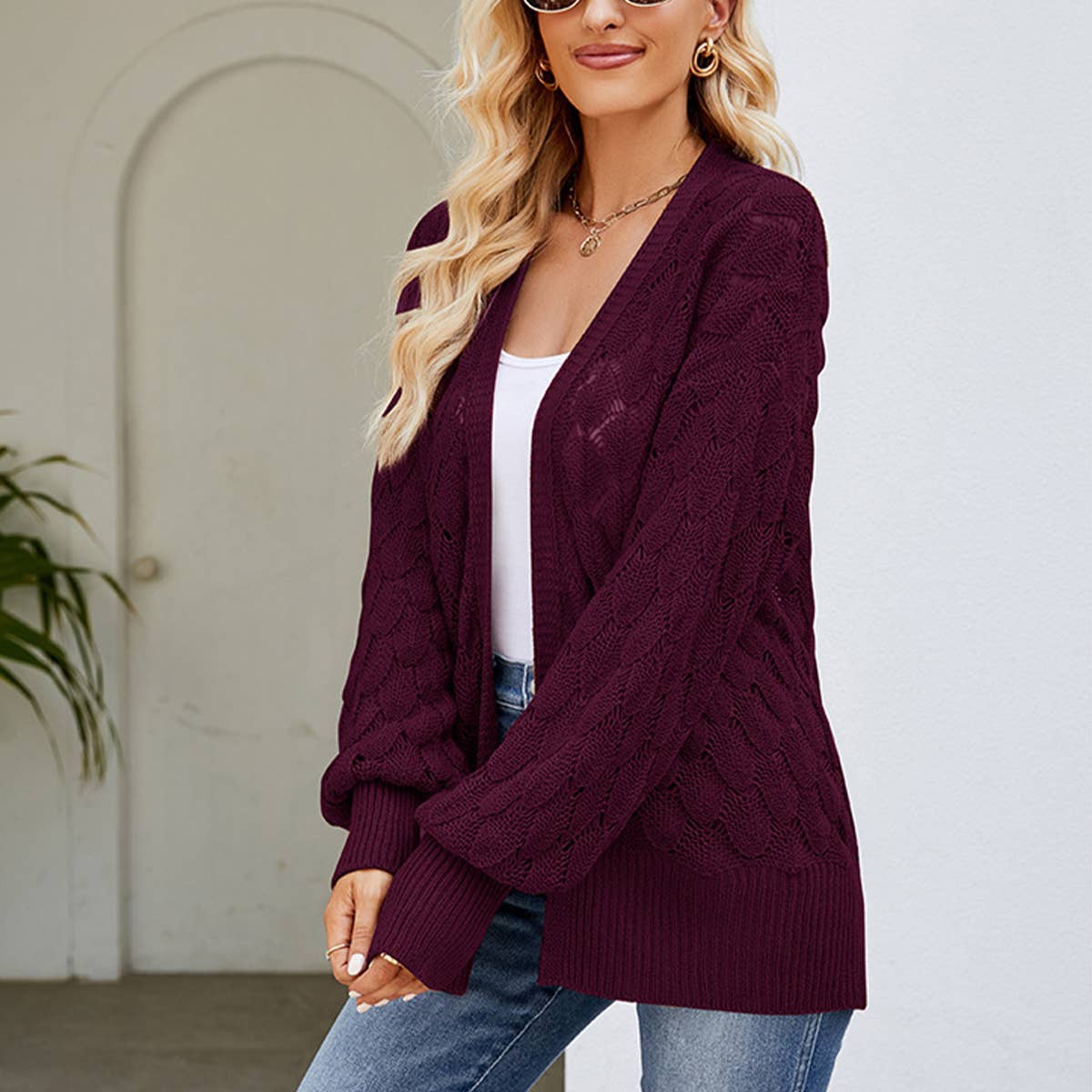 DESIGN SENSE HOLLOW KNIT SWEATER CARDIGAN