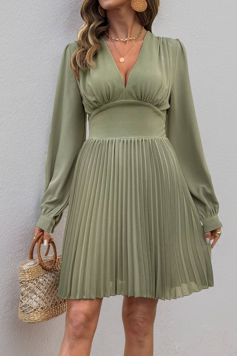 CWDMD6287_V-NECK LONG SLEEVE SOLID PLEATED ELEGANT DRESS