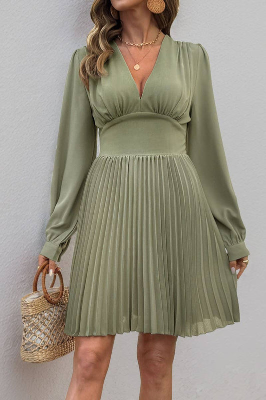 CWDMD6287_V-NECK LONG SLEEVE SOLID PLEATED ELEGANT DRESS