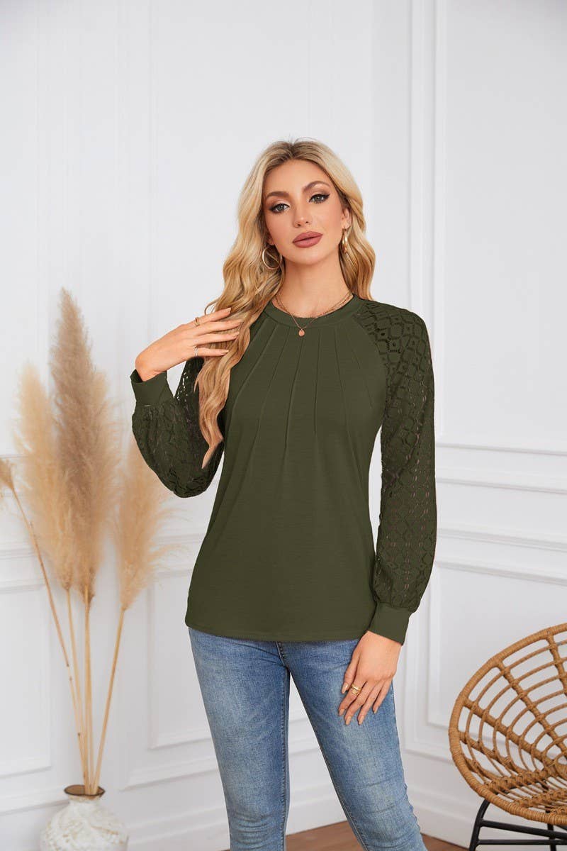 CWTBLL4096_LACE PANEL ROUND NECK PLEATED LONG SLEEVE TOP