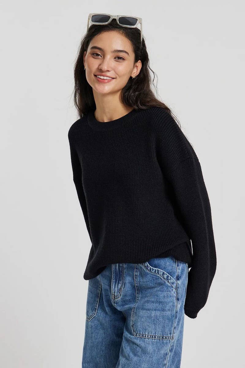 CWOSWL5239_ROUND NECK LONG SLEEVE PULLOVER KNITTED SWEATER