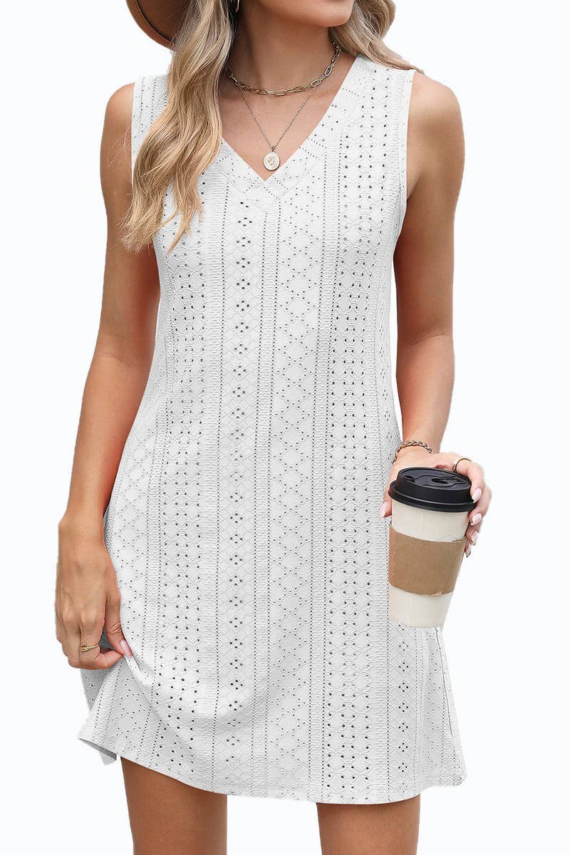 CWDSD8719_SOLID V-NECK SLEEVELESS CASUAL DRESS