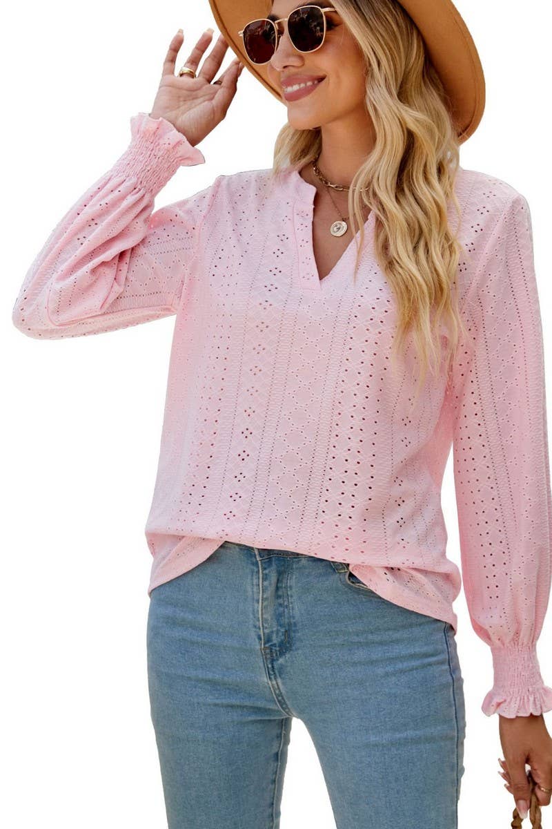 CWTBLL2407_V-NECK HOLLOW PLEATED LOTUS LEAF SLEEVE TOP