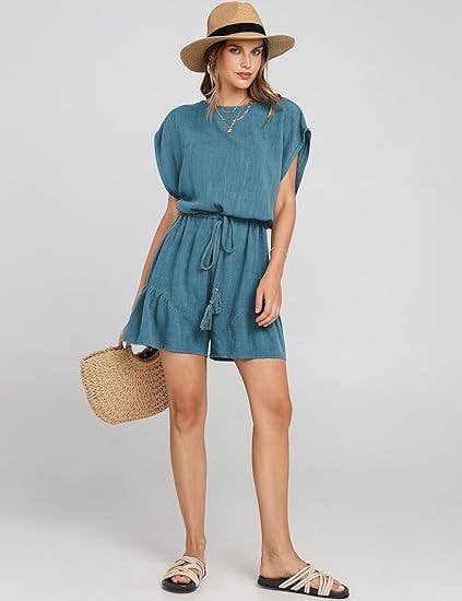COTTON LINEN CASUAL BELTED SHORT SLEEVE ROMPER