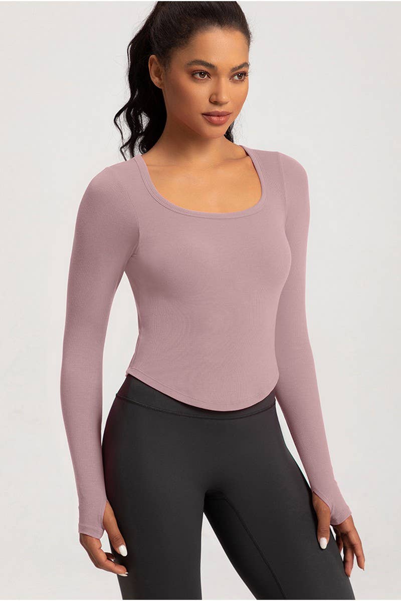 CWTBLL2940_SQUARE NECK TIGHT LONG SLEEVE PADDED FITNESS TOP