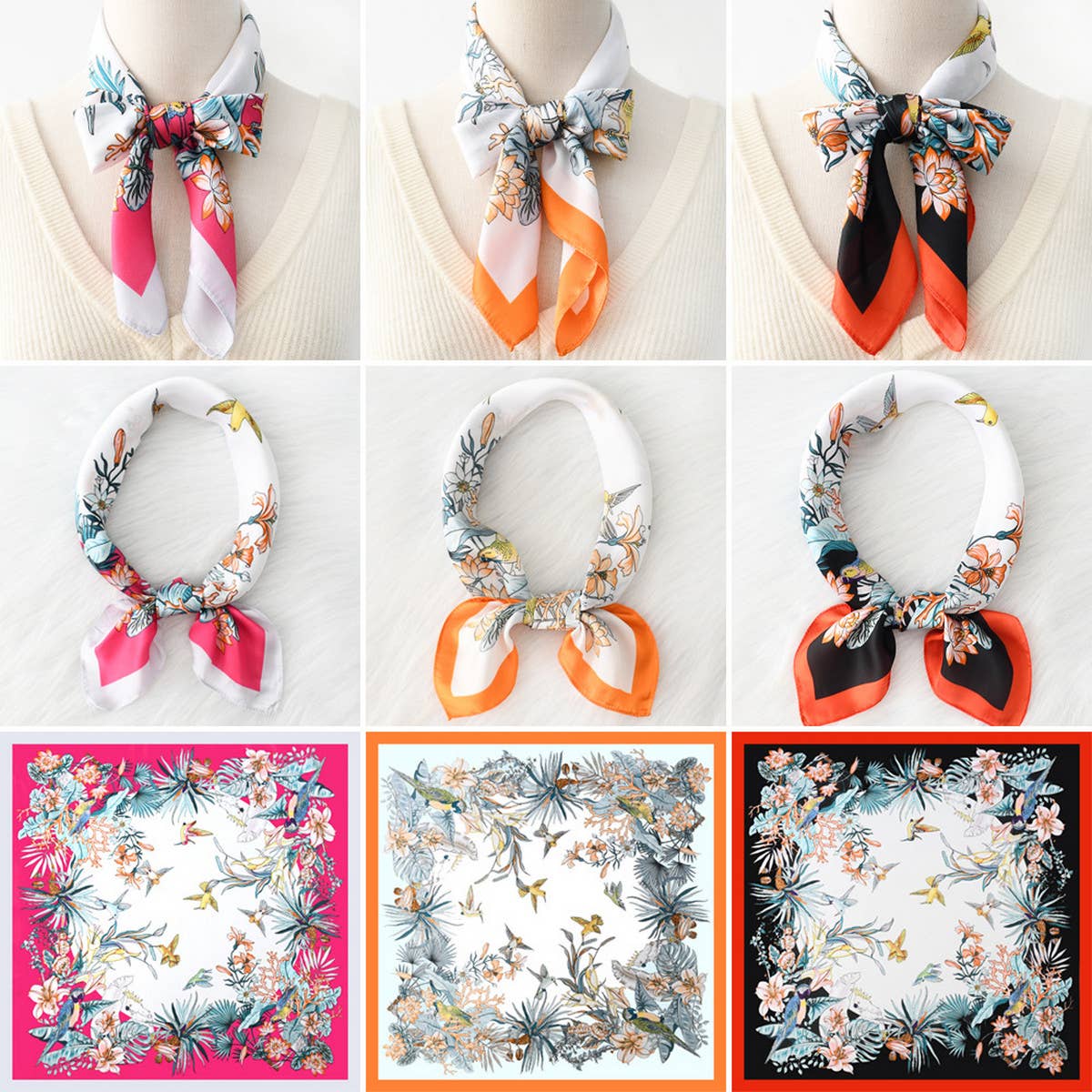 Luxury Style Floral Satin Square Scarf for Summer