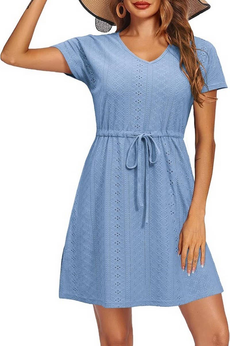 CWDSD8710_EYELET V-NECK CINCHED WAIST BEACH COVER UP DRESS
