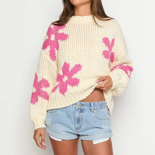 FLORAL PRINT TOP CREW NECK IN CONTRASTING COLORS