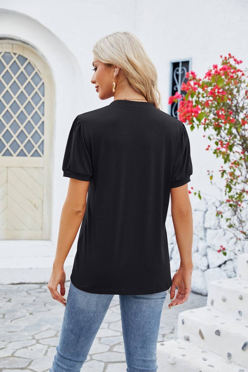 CWTBLS0880_V-NECK RUFFLED STRETCH SHORT-SLEEVED T-SHIRT