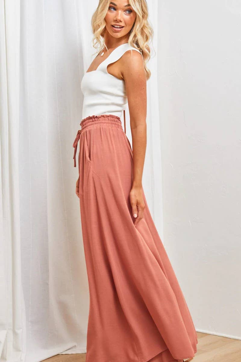 CWBLP0705_SOLID COLOR ELASTIC WAIST TIE WIDE LEG PANTS