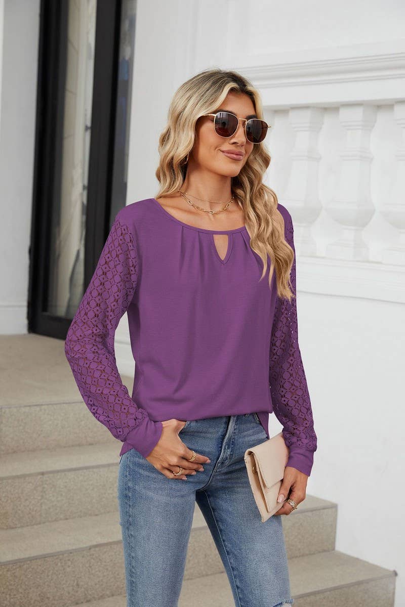 CWTBLL1847_ROUND NECK HOLLOW LACE LONG SLEEVE CASUAL TOP