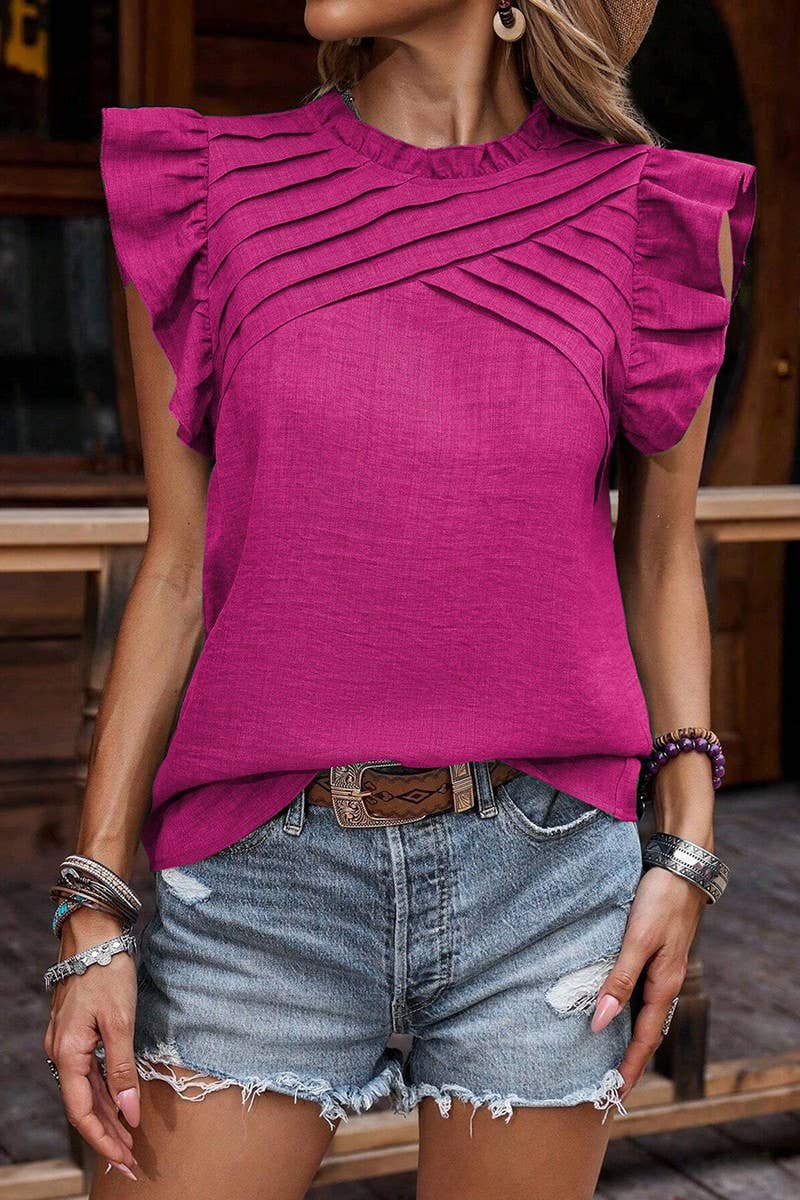 CWTBLSL0695_RUFFLE SLEEVE PLEATED PULLOVER SHORT SLEEVE TOP
