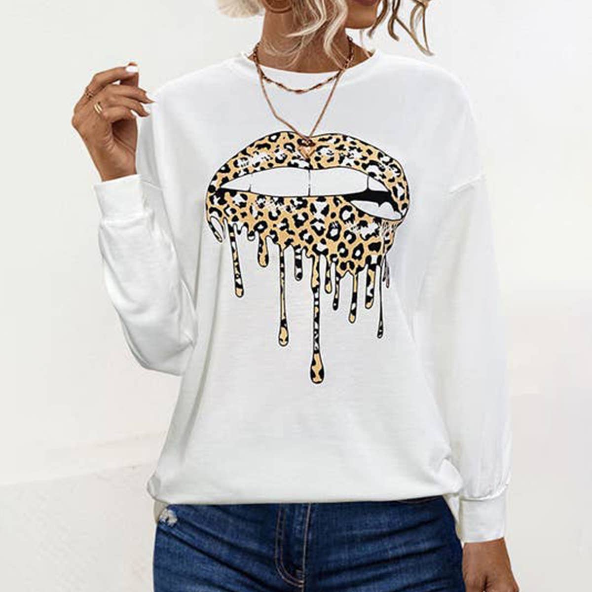CREW-NECK LIP PRINT LONG-SLEEVED BAGGY HOODIE