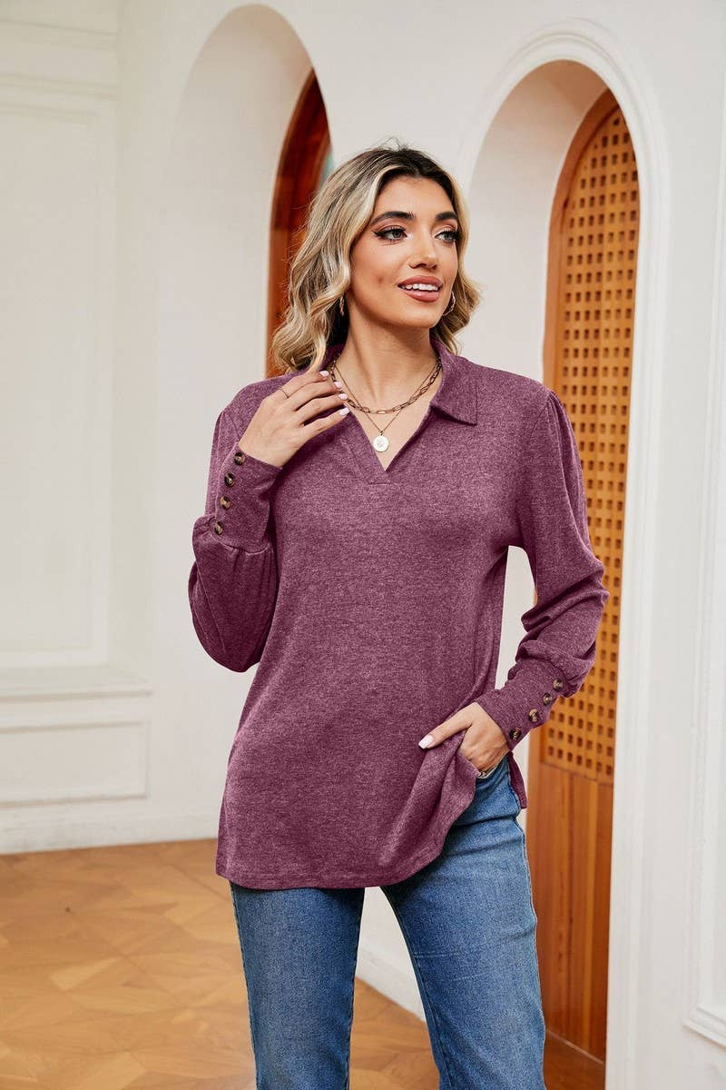 CWTBLL2398_SOLID COLOR POLO NECK LONG SLEEVE BUTTON PULLOVER