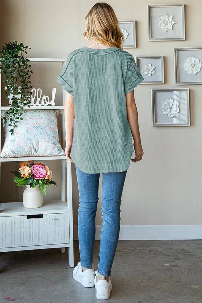 CWTBLS1500_V-NECK RIBBED JACQUARD KNIT SHORT-SLEEVED T-SHIRT