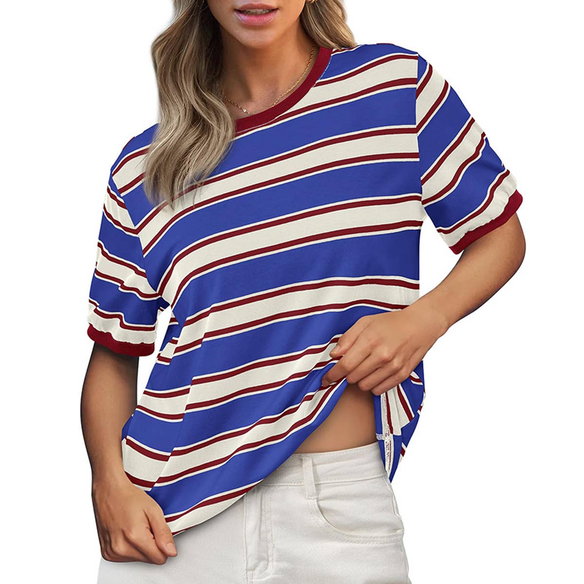 Crew-neck baggy top striped short-sleeved Top