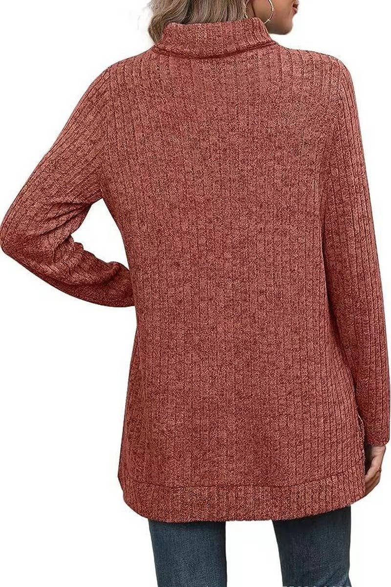 CWOSWL6106_SOLID COLOR HIGH COLLAR SLIT RIBBED BOTTOMING TOP