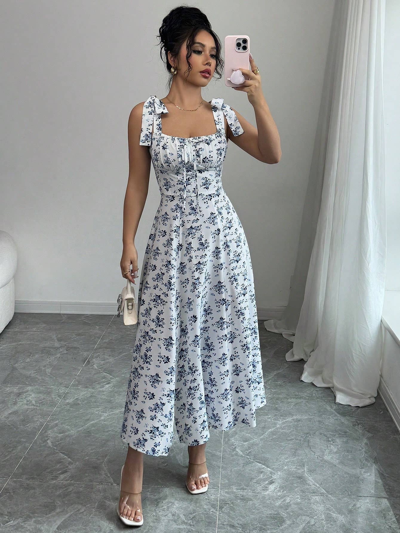 Floral design, halter straps and slits long dress