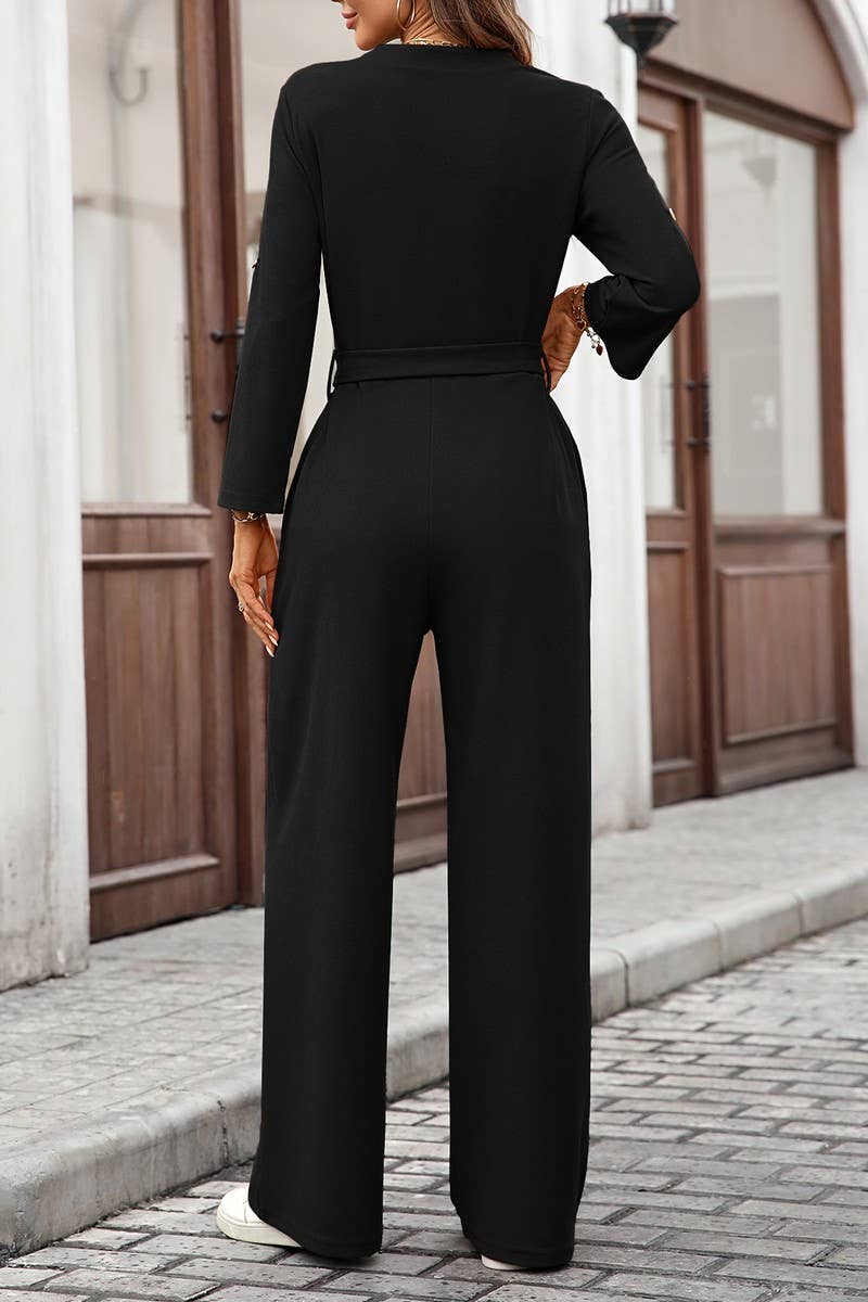 CWSJS00303_SOLID HIGH WAIST TIE BUTTON LONG SLEEVE JUMPSUIT